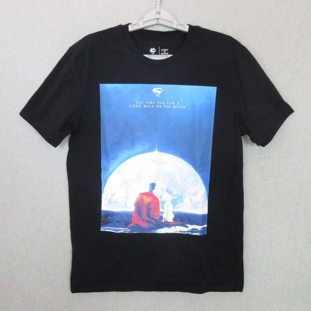 Lucky Brand T-Shirt Mens M Superman Graphic Short Sleeve Long Walk On Moon Black